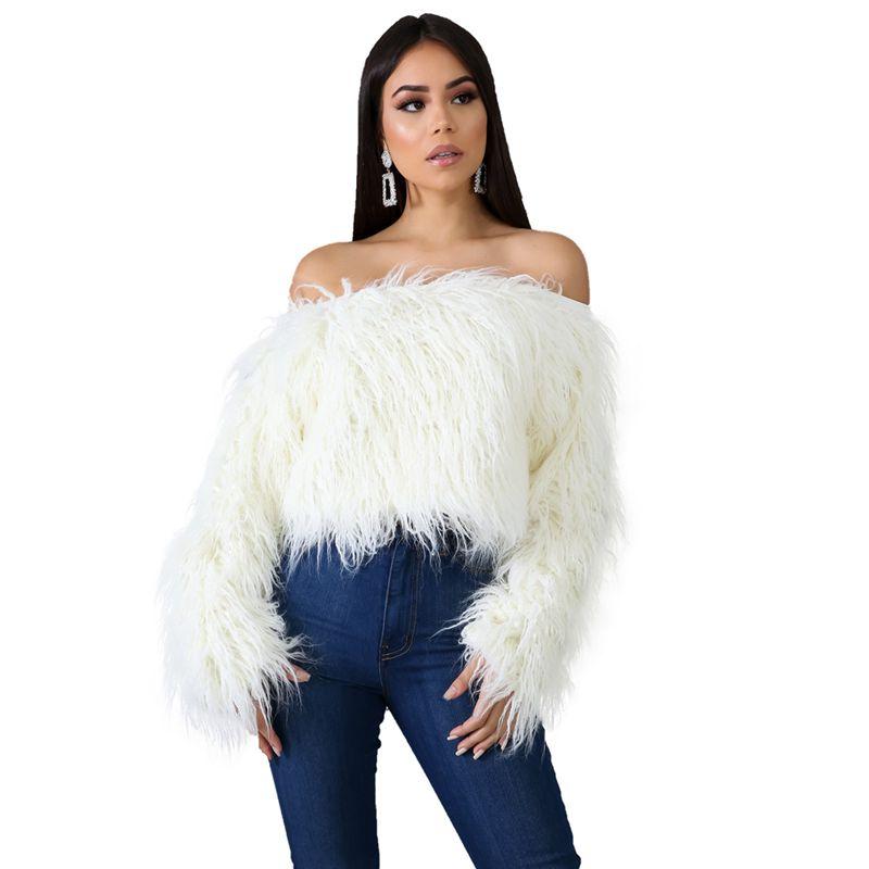 Modern Faux Fur Jacket Off Shoulder Loose Long Sleeve