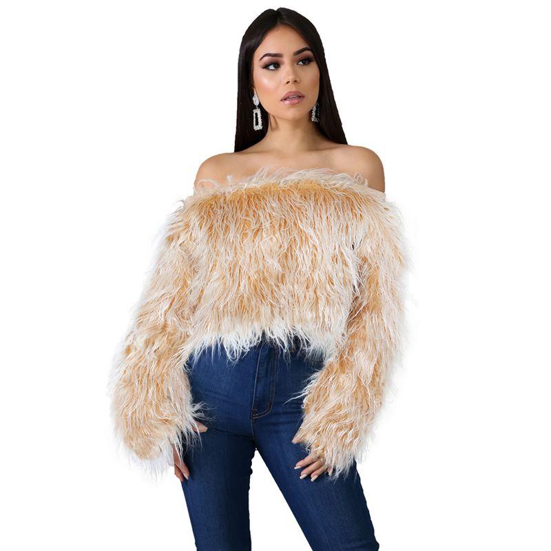 Modern Faux Fur Jacket Off Shoulder Loose Long Sleeve