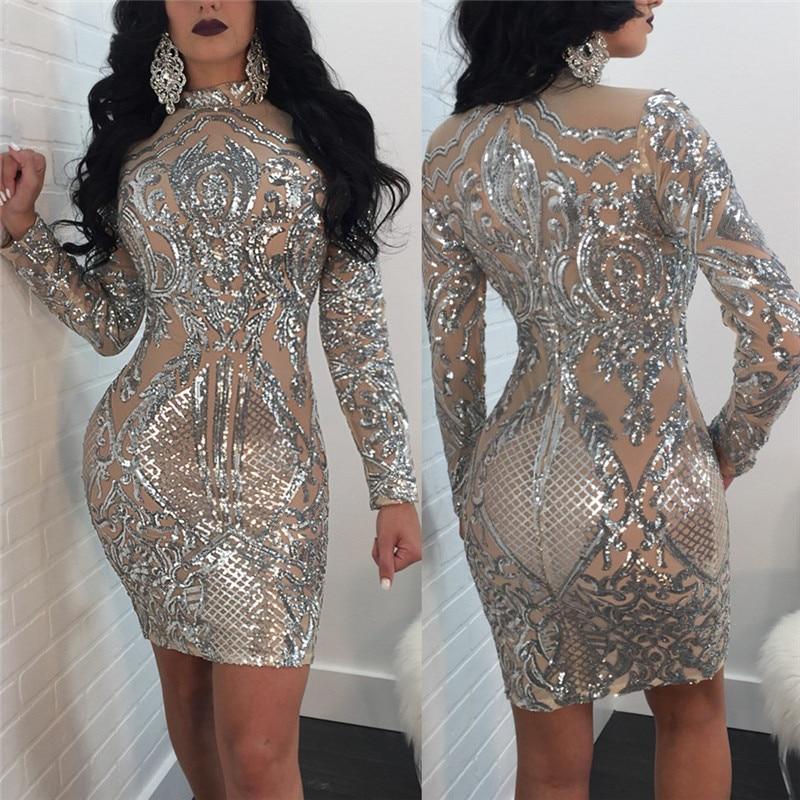 New Long Sleeve Silver Sparkly Sheer Elegant Halter Neck