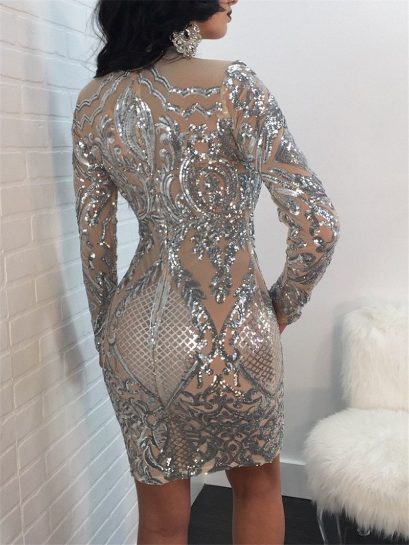 New Long Sleeve Silver Sparkly Sheer Elegant Halter Neck