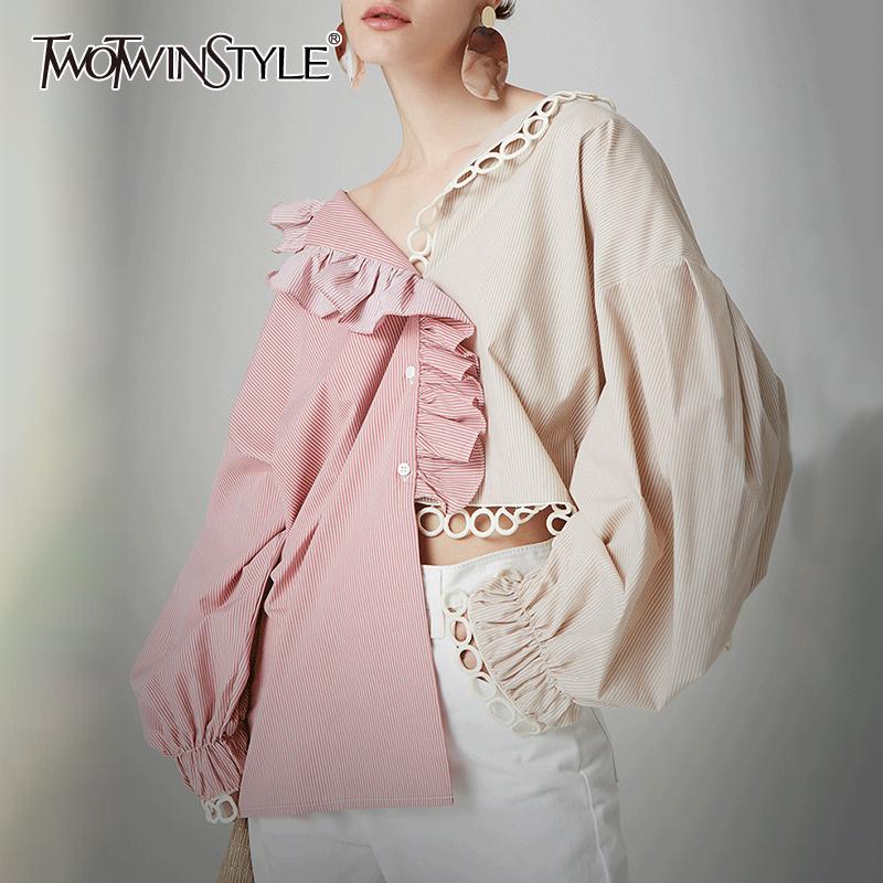 Nueva elegante camisa de retazos con cuello en V y manga con volantes