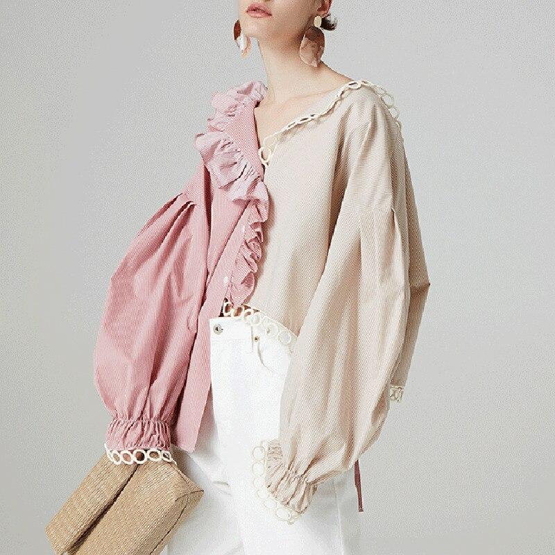 Nueva elegante camisa de retazos con cuello en V y manga con volantes