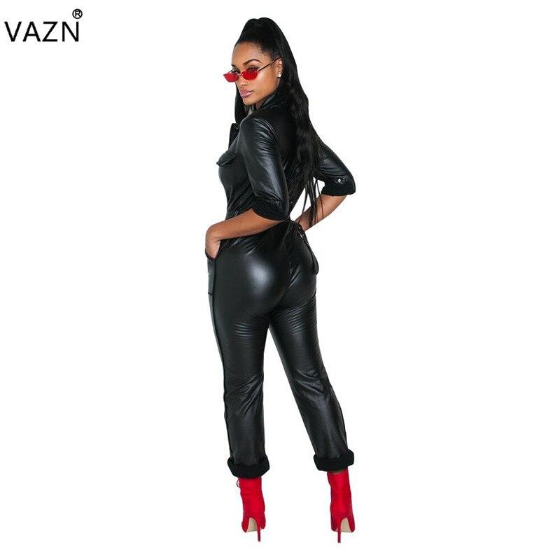 Fashion Style Leather Skinny Jumpsuit Deep V-Neck Full Sleeve