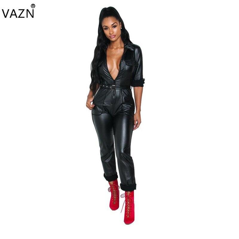 Fashion Style Leather Skinny Jumpsuit Deep V-Neck Full Sleeve