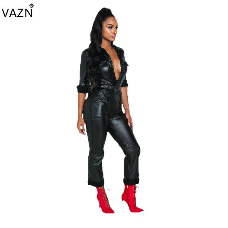 Fashion Style Leather Skinny Jumpsuit Deep V-Neck Full Sleeve