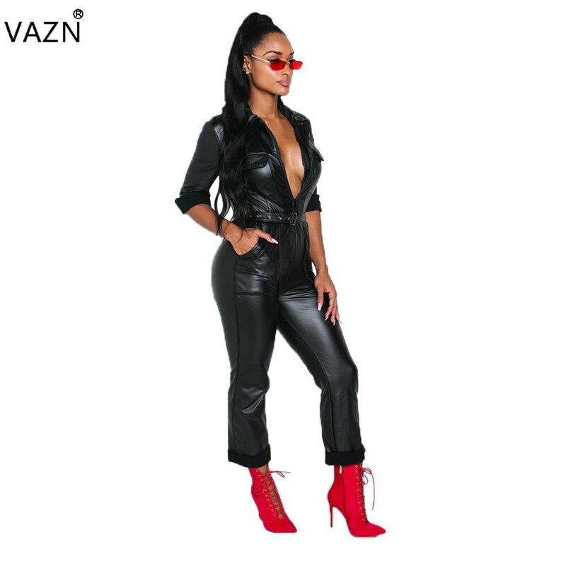 Fashion Style Leather Skinny Jumpsuit Deep V-Neck Full Sleeve