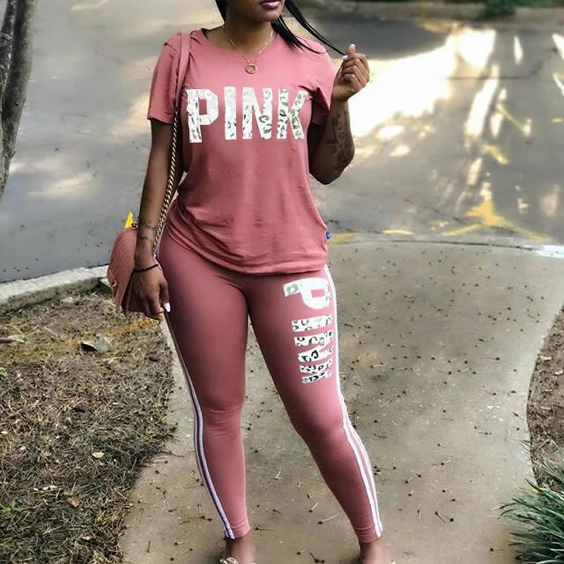 Pink Letter Set Tracksuit Short Sleeve Casual-wear Slim Fit