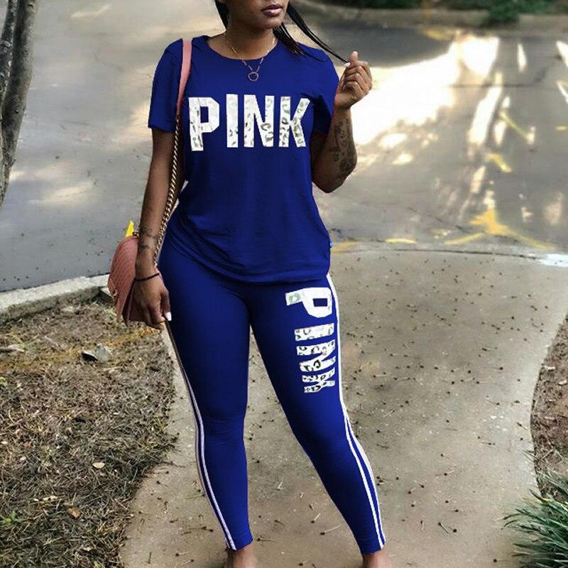 Pink Letter Set Tracksuit Short Sleeve Casual-wear Slim Fit