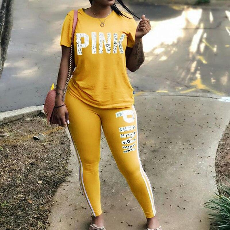 Pink Letter Set Tracksuit Short Sleeve Casual-wear Slim Fit