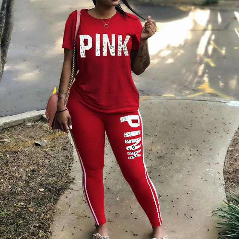 Pink Letter Set Tracksuit Short Sleeve Casual-wear Slim Fit