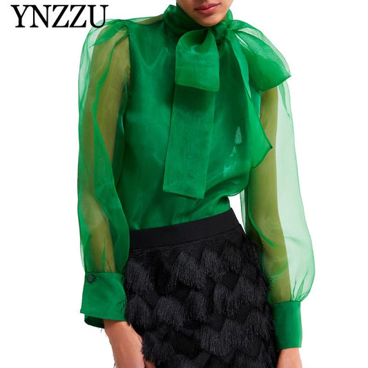 Elegant Blouse Solid Green  Bow-Tie Collar Long Sleeve