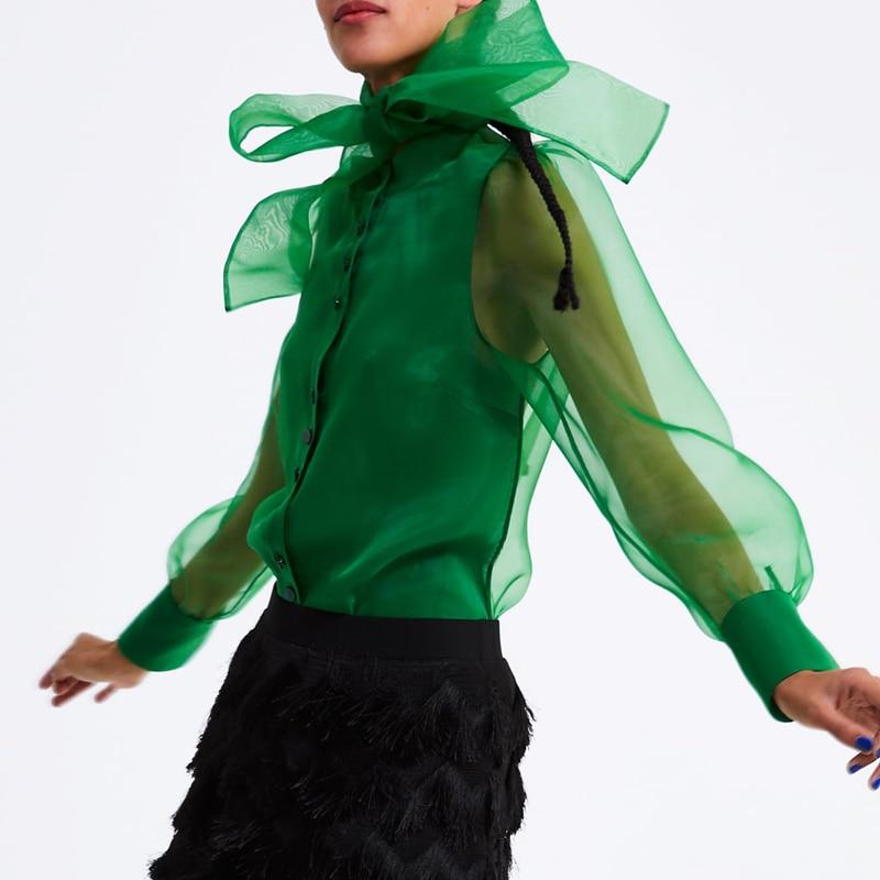 Elegant Blouse Solid Green  Bow-Tie Collar Long Sleeve