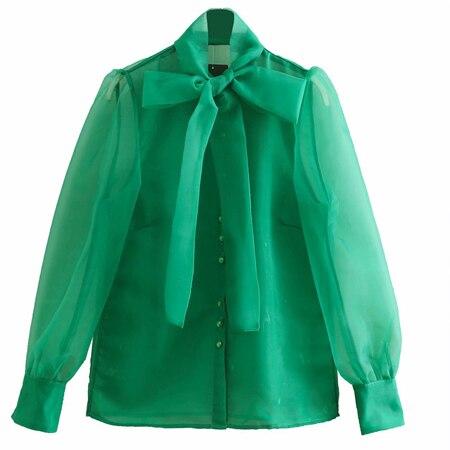 Elegant Blouse Solid Green  Bow-Tie Collar Long Sleeve